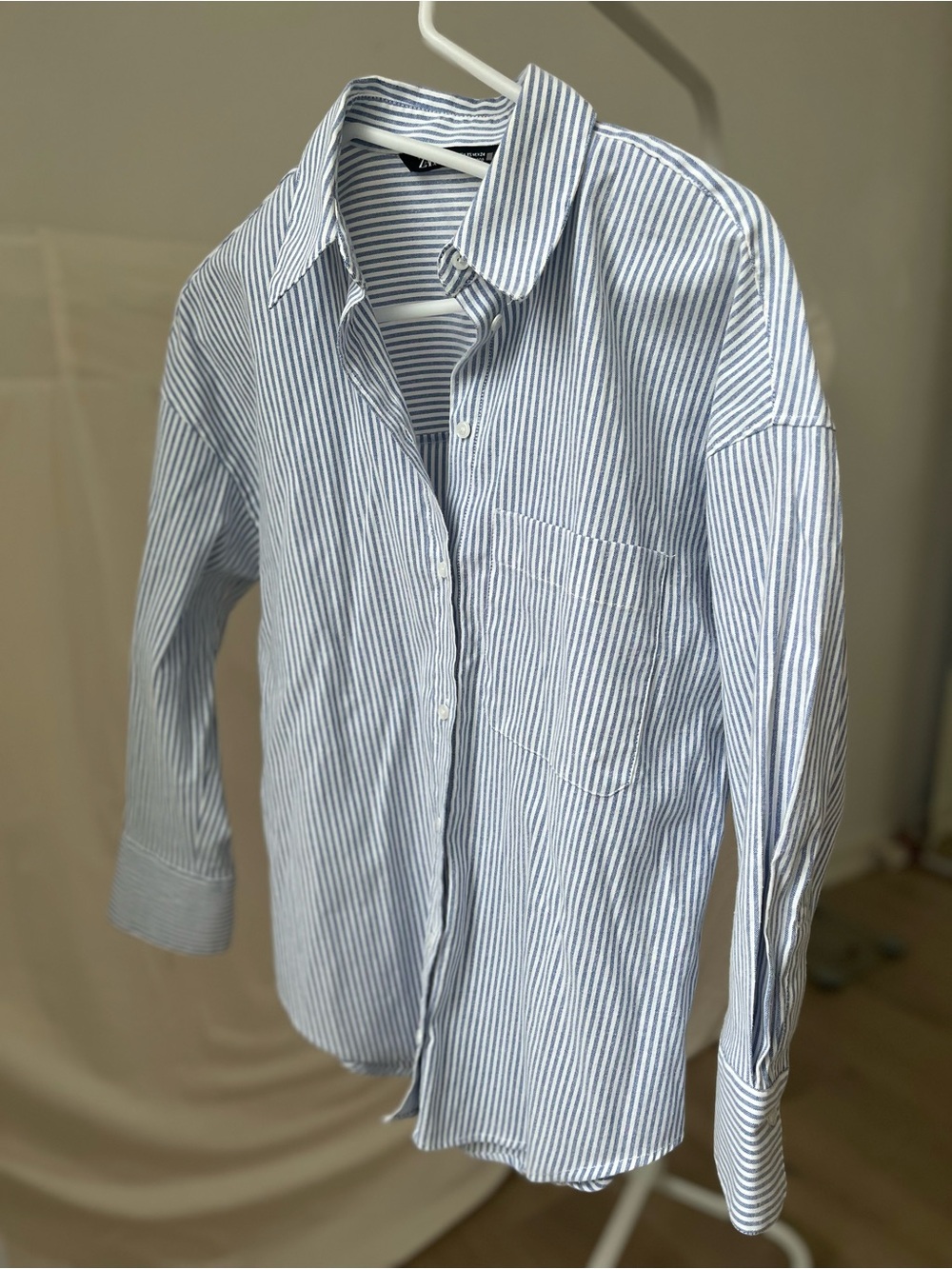 Zara Women's Blue and White Striped Button-Down Shirt